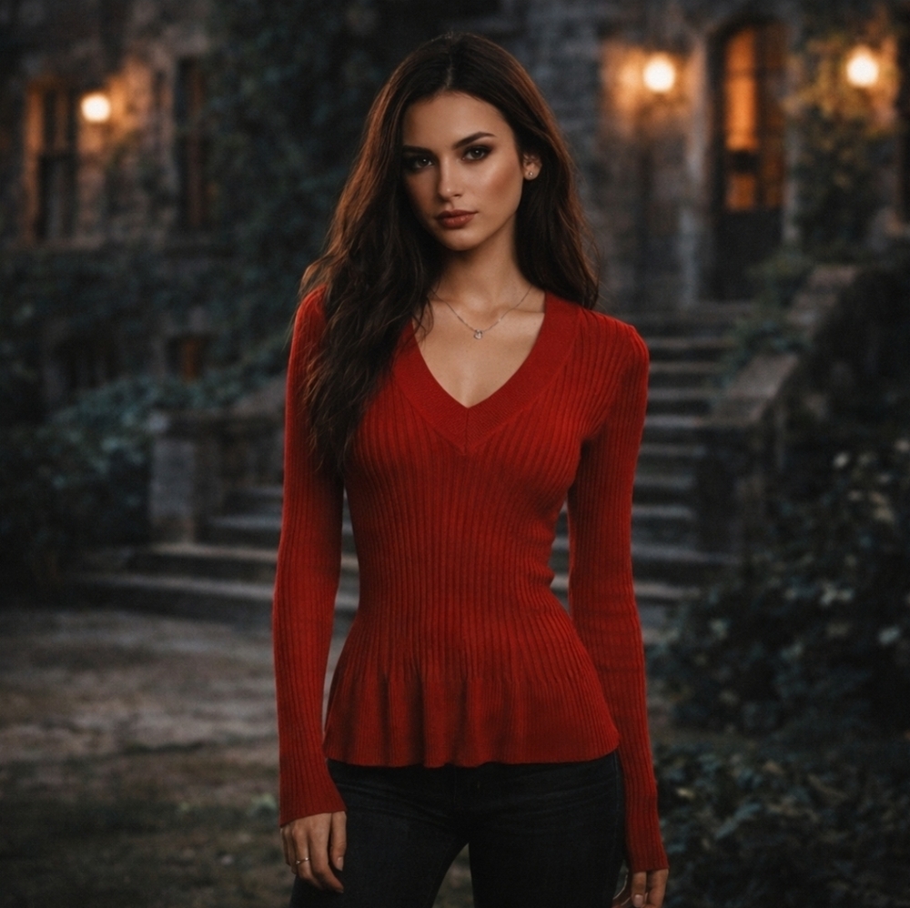 VTG Body Central Y2K Sweater Red Ribbed Elena Gilbert Bella Swan Prep V Neck Top